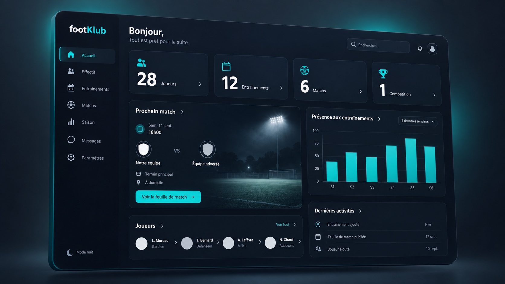 Tableau de bord footKlub : effectif, prochain match et présence aux entraînements